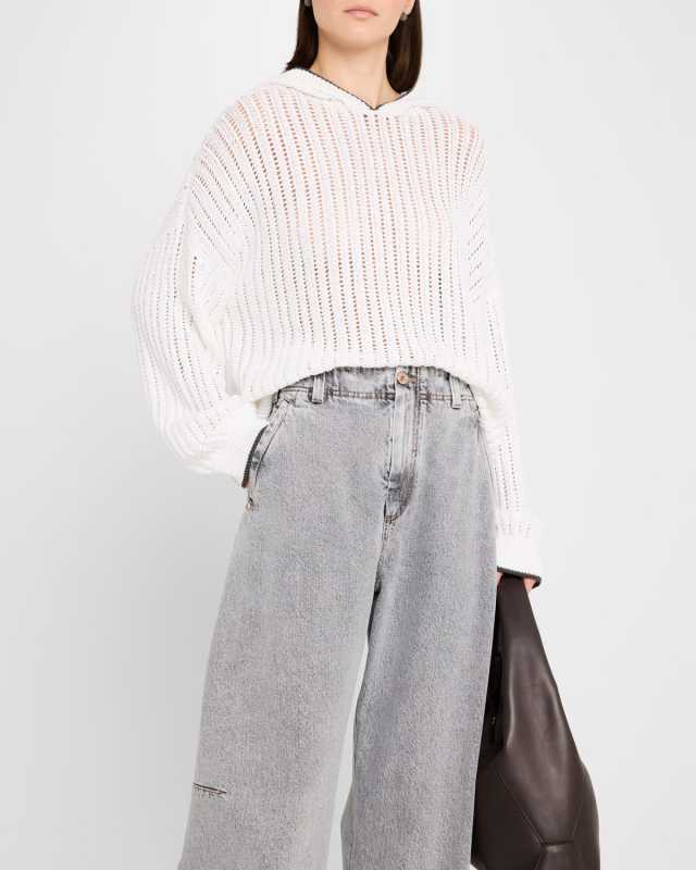 Tipped Edge Lattice Open Weave Knit Hoodi
